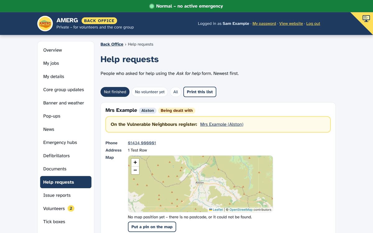 Example of the Help requests page in the Back Office