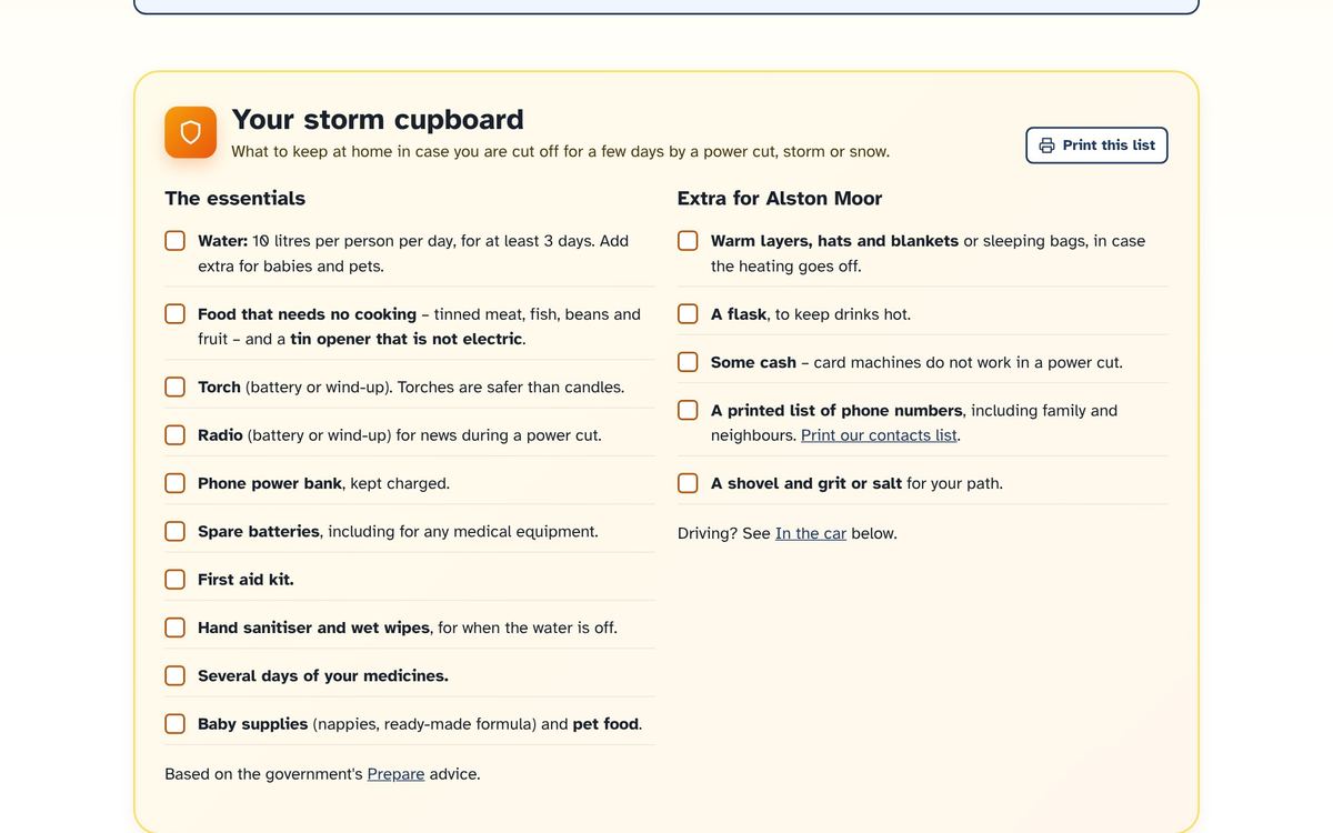 The storm cupboard checklist on the Prepare page