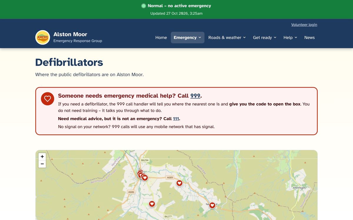 The Defibrillators page with a map