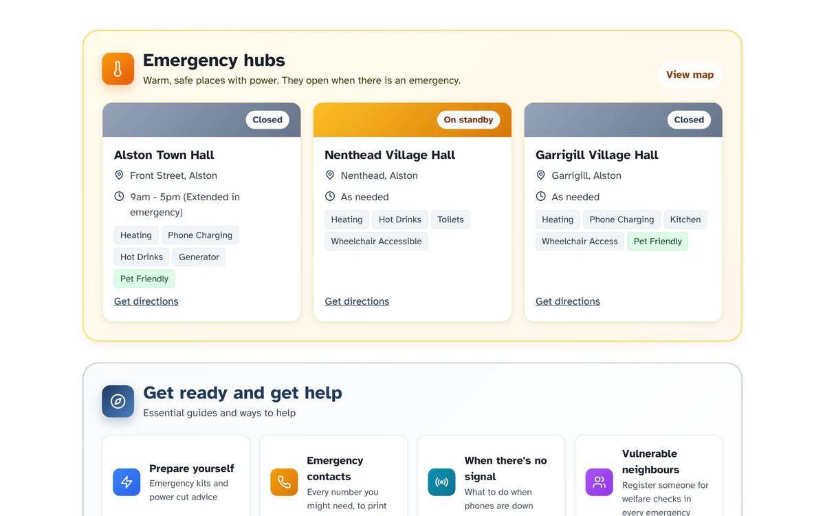 The emergency hubs on the home page