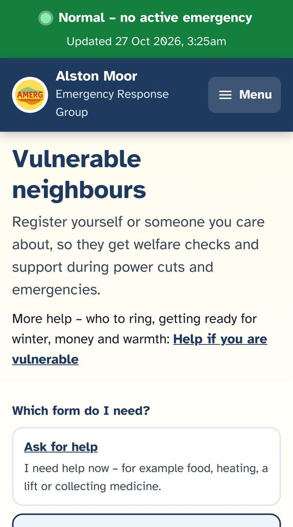 The Vulnerable neighbours page on a phone