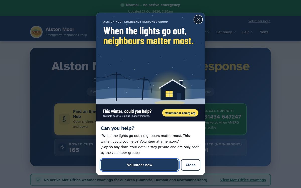 The amerg.org home page with a pop-up asking for volunteers