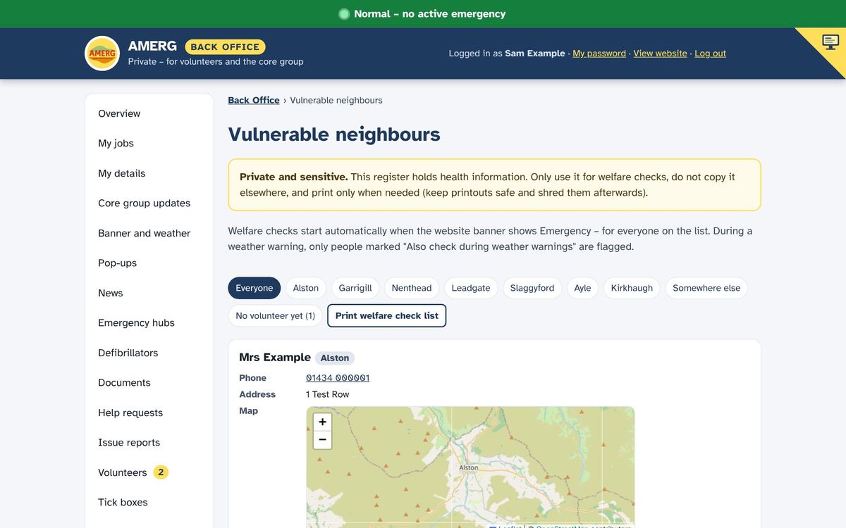 Example of the Vulnerable neighbours register in the Back Office
